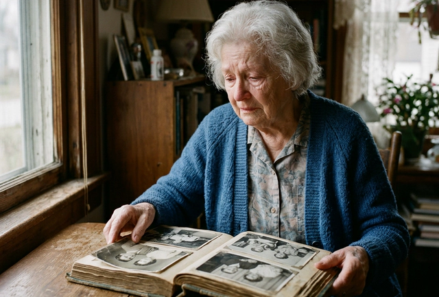 An elderly person looking at a photo album, representing the emotional weight of Alzheimer's and memory loss.